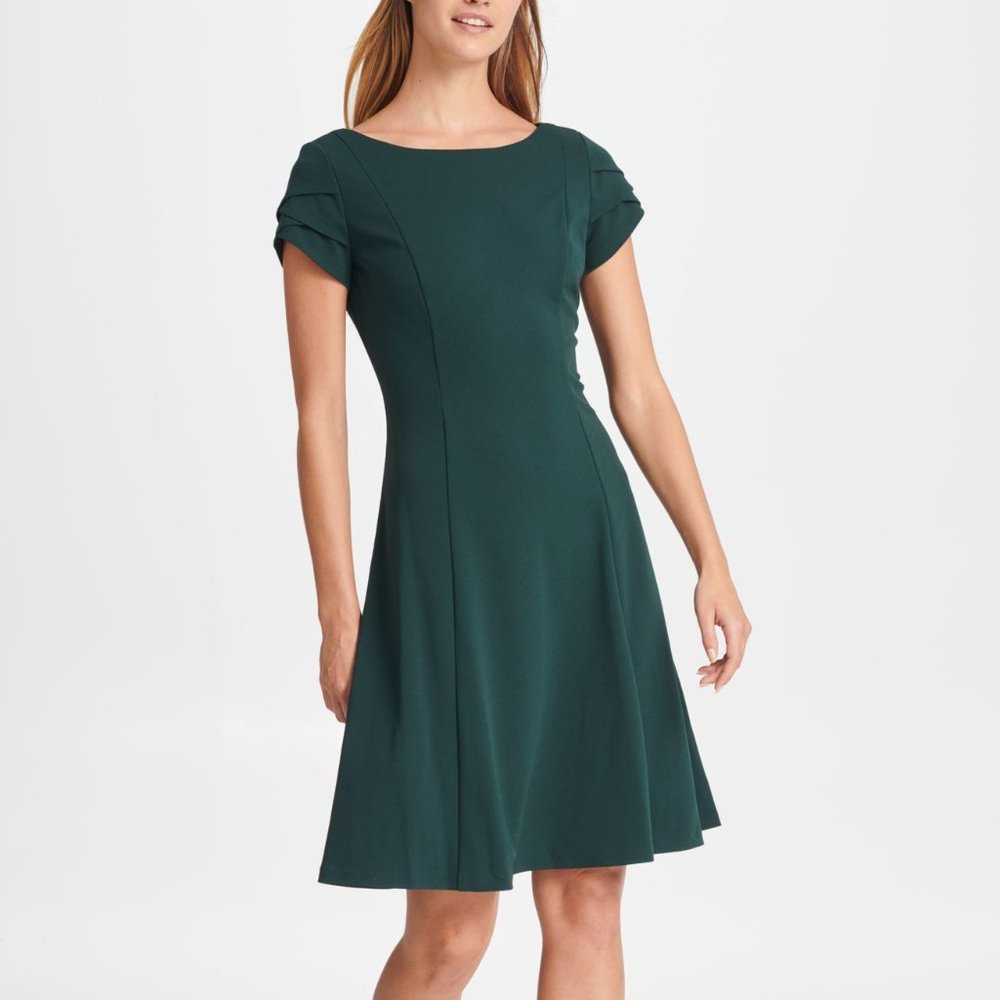 DKNY  Hunter Green Tulip Sleeve Fit & Flare Dress